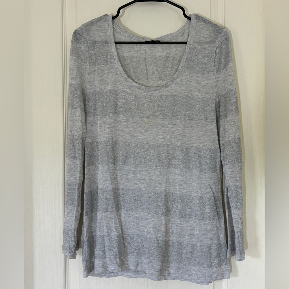 Talbots Gray Shimmer Stripe Scoop Neck Long Sleeve Top Size L